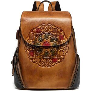 Vintage Leather Backpack for Women Orange Brown 12-Inch Laptop Organizer